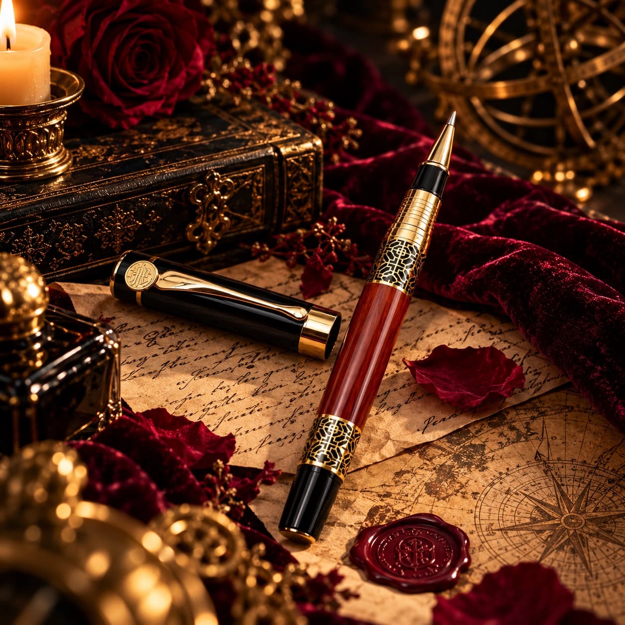 The Secrets Pen in black, red and gold, resting on a handwritten letter beside a wax seal