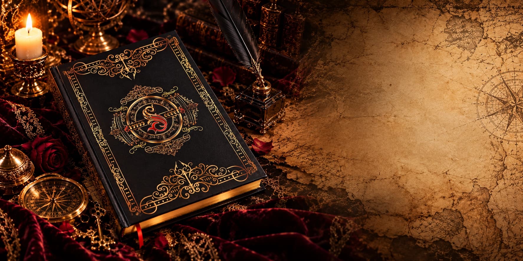 The SecretSecretS journal, black with a gold and red emblem, on an antique writing desk beside a sheet of parchment