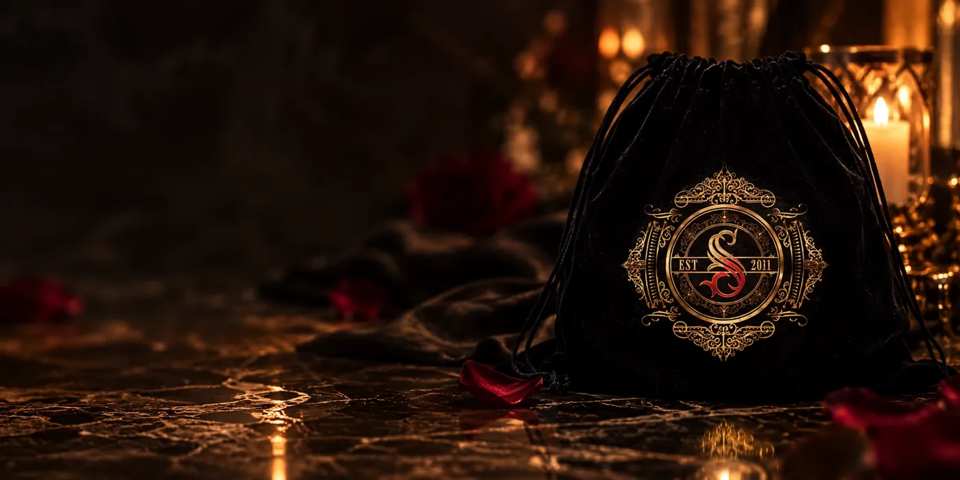 The black velvet drawstring bag with its gold seal, by candlelight