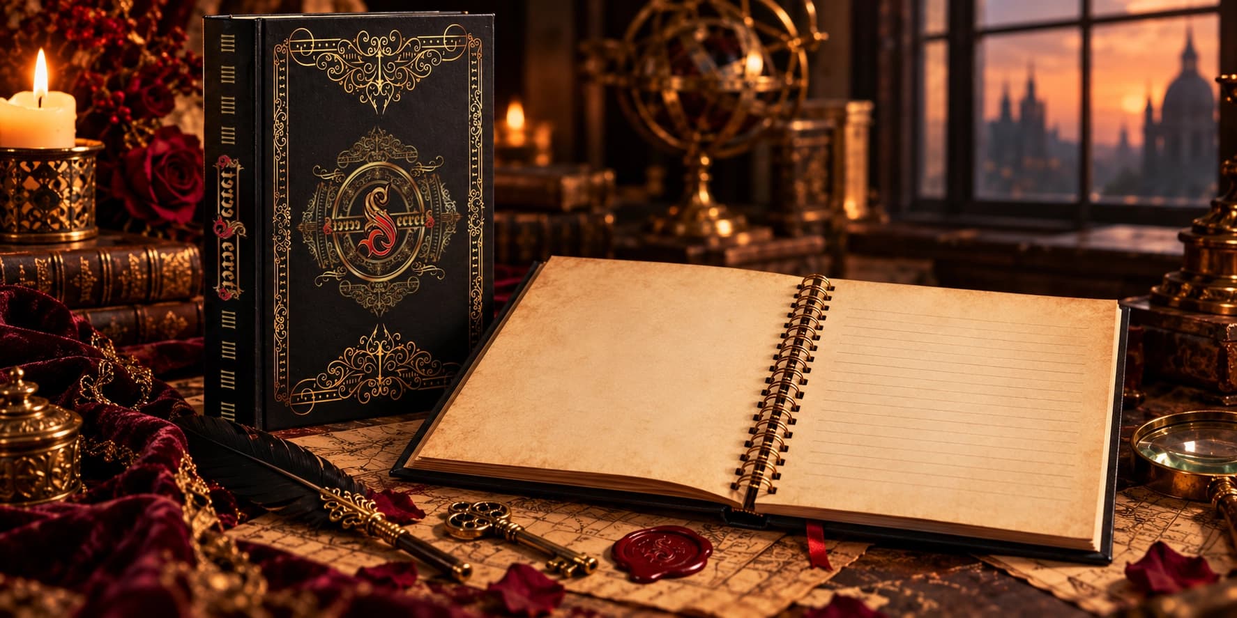 The A5 SecretSecretS Journal beside the A4 Notebook lying open on a candlelit desk