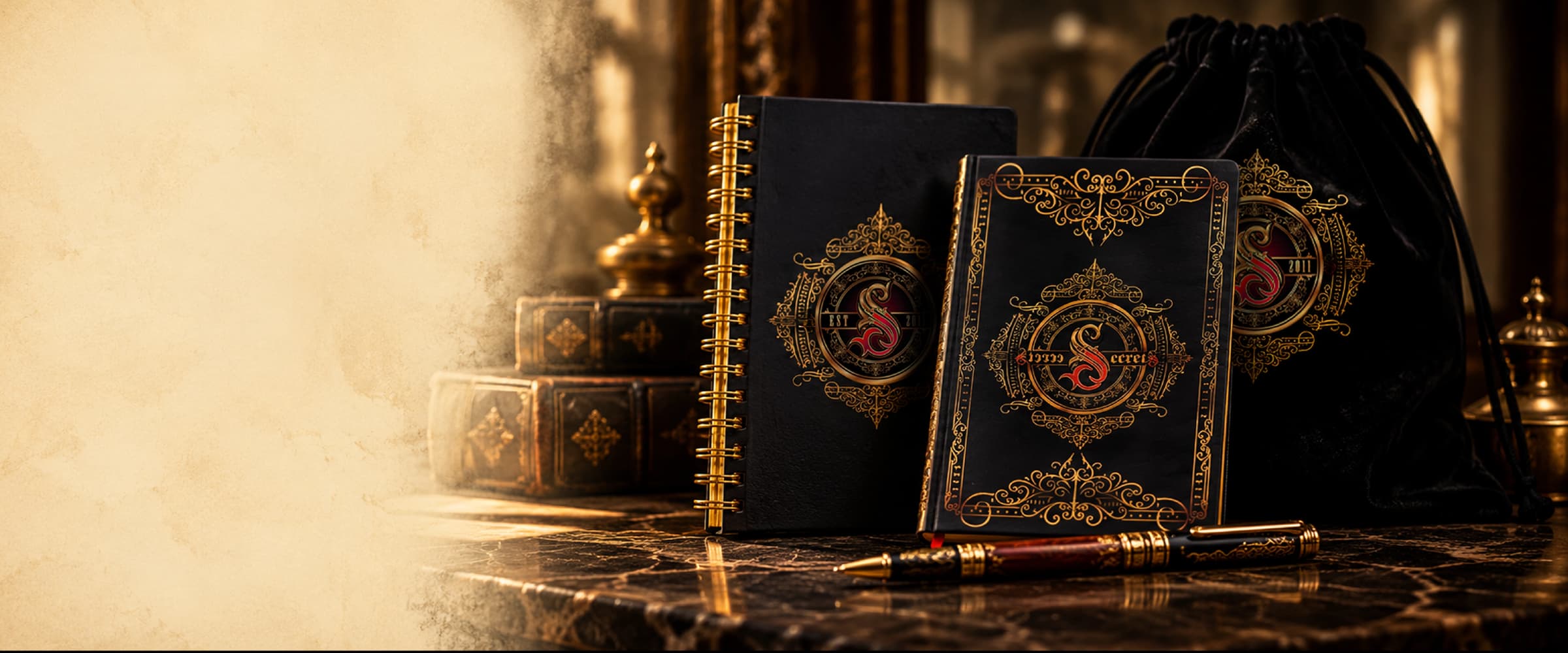 The A5 Journal, A4 Notebook, Secrets Pen and black velvet drawstring bag