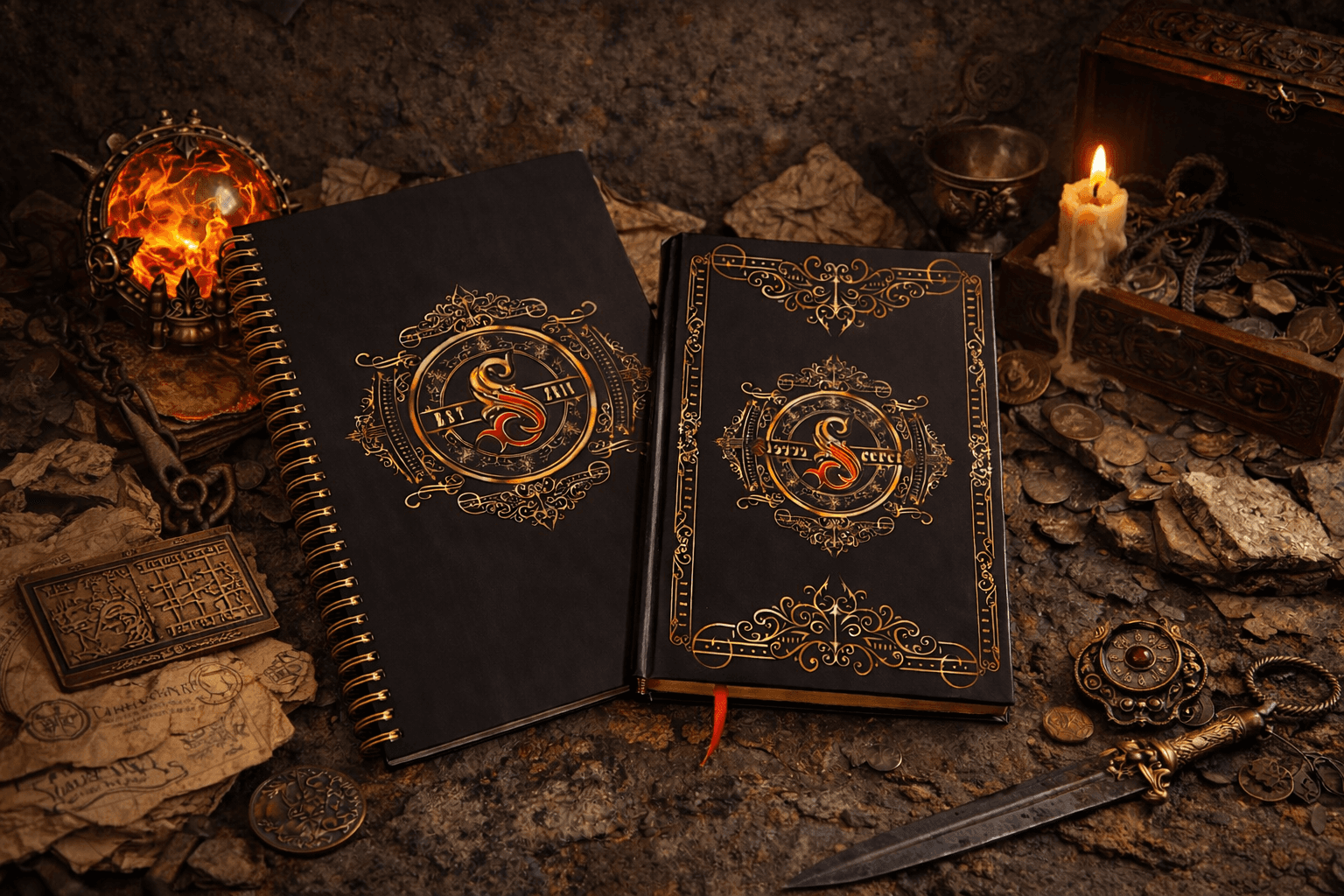 SecretSecretS journal and notebook by candlelight among old coins and maps